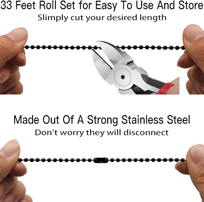 Jishi Steel Ball Chain Bead Dog Tag Chain Beaded Necklace Chains for Jewelry Making Bracelet Military Crafts, Silver Metal Pull Chain Small Ball Bead Chain Roll w/20 Connectors (Black, 33ft 2.4mm)