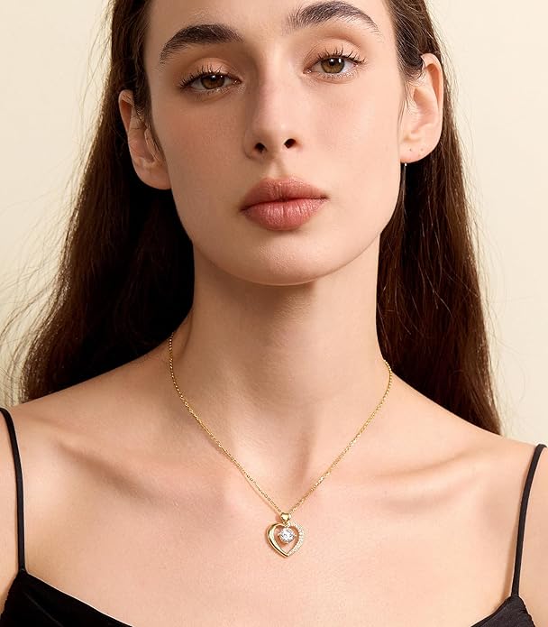 Beam & Bask Moissanite Heart Pendant Necklaces for Women, Engraved with LOVE, Sterling Silver Plated with 18K Gold, Anniversary and Birthday Jewelry for Wife, Girlfriend, Mom, or Her