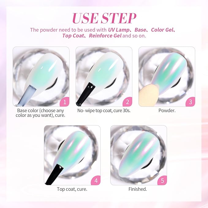 Born Pretty Chrome Nail Powder Metallic Mirror Effect Pigment Iridescent Mermaid Pearl Auroras Nail Powder Glitter Dust Kit for Gel Polish Nail Art Decoration