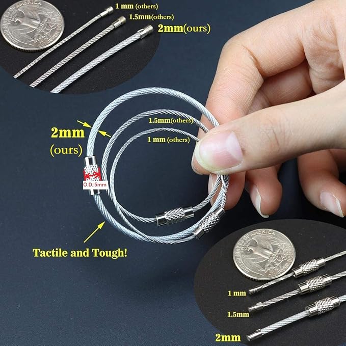 CrocSee Pack (50) Stainless Steel Wire Keychains Cable, Key Chain Rings, Heavy Duty Luggage Tags Loops Tag Keepers 2mm Twist Barrel (Cable Length: 6 inches)
