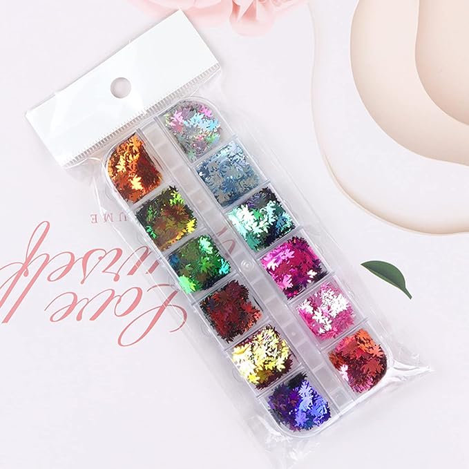 Maple Leaf Glitter Nail Art Sequins, 3D Fall Leaves Glitters Flakes Decor, Autumn Maple Leaves Shape Nail Art Design Supplies for Women Girls Manicure Charms Decorations Holiday Resin Nail Art Tips