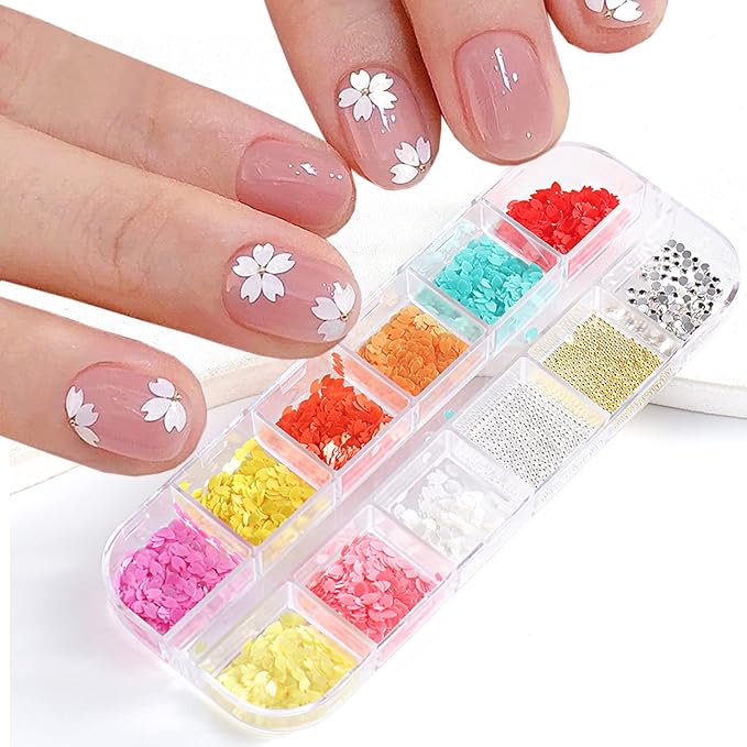 Flower Petals Glitter Nail Art Sequins, Mixed Floral Nail Flakes Beads Rhinestone Nail Art Design, 3D Flowers Acrylic Nails Supplies for Women Girls Manicure Charms Decorations, Flower Nail Art Tips