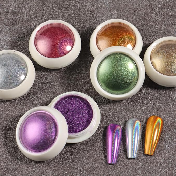 10 Colors Holographic Laser Nail Powder, Holo Aurora Iridescent Metallic Mirror Laser Effect Chrome Pigment Glitter Dust for Nail Art DIY Decorations, Sponge Tool/10PCS, Nail Swatch Sticks/24PCS