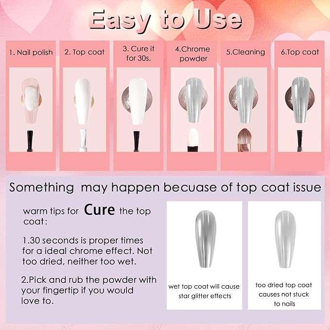 Allstarry Pink Chrome Nail Powder, Metallic 4 Colors Valentines Nails Powder Mirror Effect Manicure Pigment Pink Red Chrome Powder Glitter Dust Women Gifts Valentines Nail Art