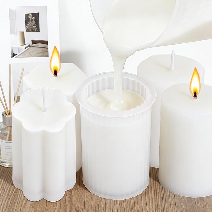 8PCS Reusable Silicone Candle Molds Set - Cylinder/Hexagon/Octagonal/Heart/Flower/Square Shapes for DIY Candle Making, Soap, Resin Crafts, Easy Release Candle Making Kit with Multiple Sizes