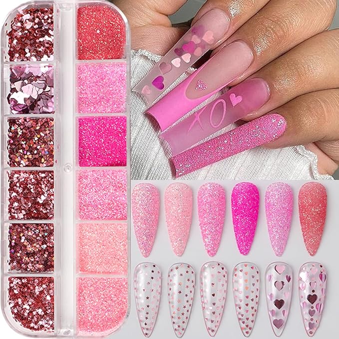 Valentines Holographic Nail Glitter Foils, 12Grid Pink Sparkly Ultra-Thin Foil Nail Art Flakes Design, Laser Nail Sequins Acrylic Supplies for Women Girls Manicure Charms Decor, DIY 3D Nail Art Tips
