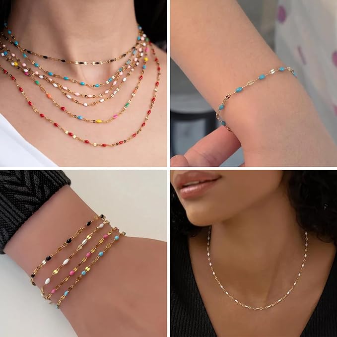 16.5FT Gold Blue Enamel Dapped Chain Roll, 2MM 18K Gold PVD Plated Stainless Steel Enalem Lip Link Chains Spool Bulk for DIY Jewelry Making