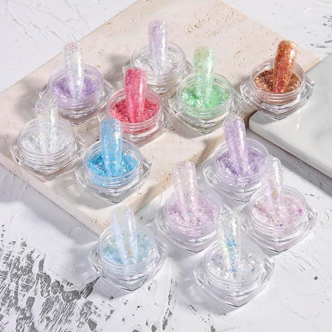 Holographic Nail Art Glitter Iridescent Flakes, 12 Colors Aurora Irregular Opal Nail Foil Flakes Ultra-Thin Nail Glitters Sequins Manicure Decorations for DIY Gel Polish Nail Art, Resin Craft, Gifts
