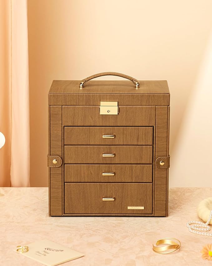 Homde Valentine's Day Gifts Synthetic Leather Huge Jewelry Box Mirrored Watch Organizer Necklace Ring Earring Storage Lockable Gift Case (Brown + Gold)