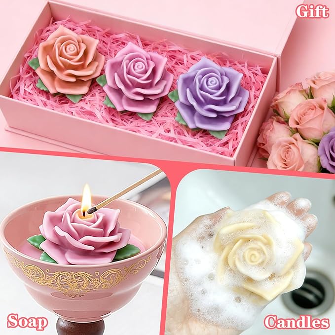 ZQYSING Large Rose Candle Molds, Rose Molds for Candles, 3D Flower Silicone Mold for Soap Wax Plaster Epoxy Resin Casting Clay Home Décor Handmade Gift