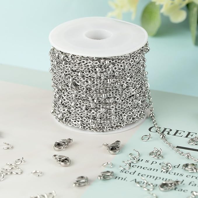 Kyutong Dainty Beaded Chain for Jewelry Making Silver Cable Chain Spool 304 Stainless Steel Chains Link for Women Men Making Jewelry Craft Finding Supplies