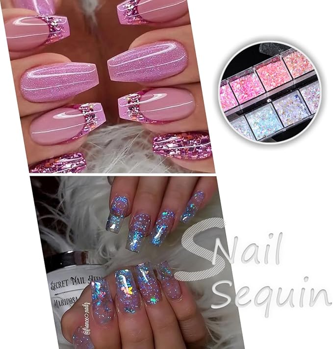 12 Colors Mermaid Nail Art Glitter Sequins Iridescent Ice Slag Nail Glitter Flakes Ultra Thin Nail Art Designs 3D Holographic Nail Sequins for Nail Art Supplies Manicure Decoration Accessories