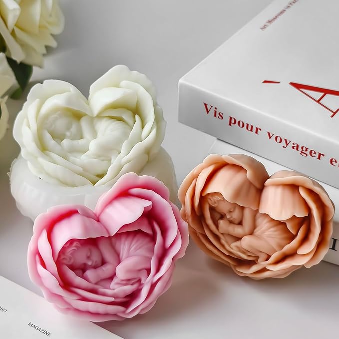 Heart Candle Molds, Angel Baby in Flower Silicone Molds for Candle Making, DIY Flower Soap Aromatherapy Wax Plaster Resin Casting for Home Decor Mother's Gift Baby Shower