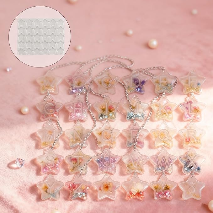 XYQHOAC Alphabet Keychain Molds Star Shape Letter Keychain Silicone Mold Resin Keychain Alphabet Mold with Holes Letter Pendant Epoxy Moulds for DIY Craft Keychain Jewelry Pendant Making (White)