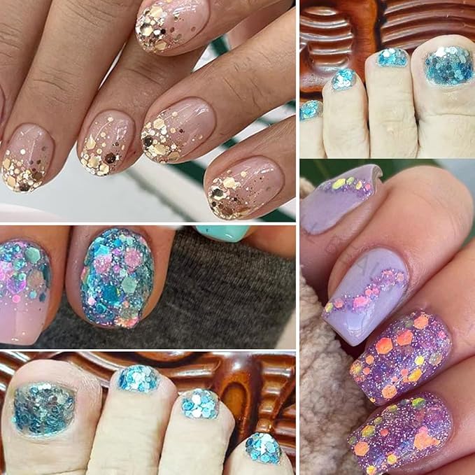 UARUOGP 2 Boxes 24 Colors Chameleon Holographic Glitter Mermaid Nail Art Sequins 3D Flakes Laser Gradient Nail Glitter Design Shiny Glitters Powder Accessories for Women Manicure DIY Decorations