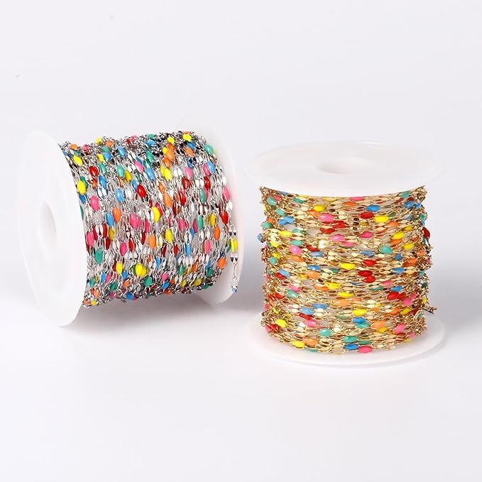 16.5FT 18K Gold PVD Plated Colorful Enamel Chain Roll, 2MM Rainbow Stainless Steel Enamel Lip Link Chains Spool Bulk for DIY Jewelry Making Necklace Bracelet