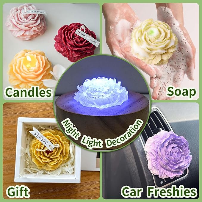 ZQYSING 3 Pcs Peony Candle Mold for Candle Making, Set of Large + Medium +Small 3D Peony Flower Silicone Molds for Epoxy Resin Casting Wax Soap Clay Plaster Home Décor Handmade Gift