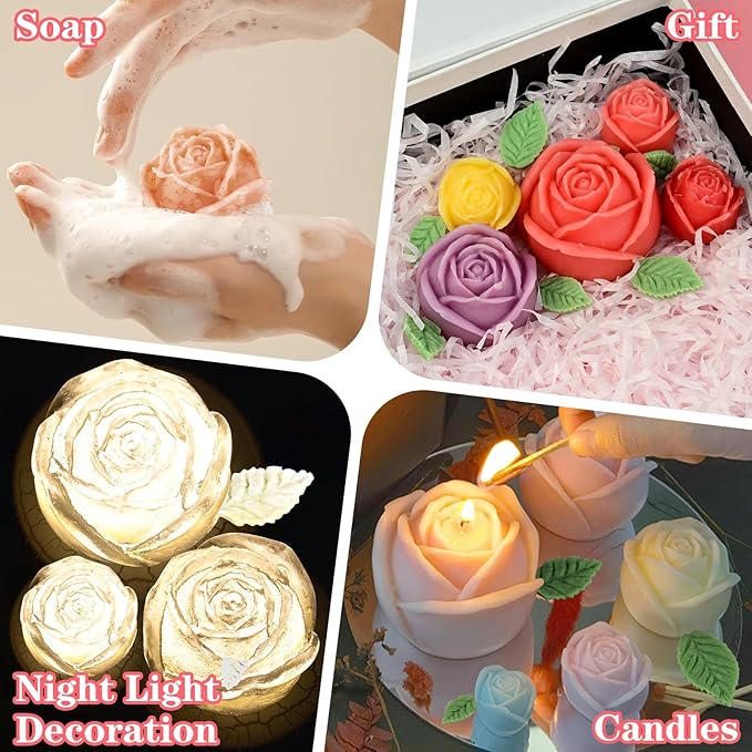 ZQYSING 4 Pack Rose Candle Molds with Leaf Mold, Set of Large + Medium + Small 3D Flower Silicone Molds for Candles Epoxy Resin Casting Wax Soap Clay Plaster Home Décor Handmade Gift