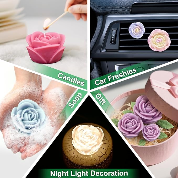 ZQYSING Rose Candle Molds, 4 Pcs Set of Large + Medium + Small 3D Rose Flower Silicone Molds with Leaf Mold for Candle Making, Epoxy Resin Casting, Wax Soap Clay Plaster Home Décor Handmade Gift