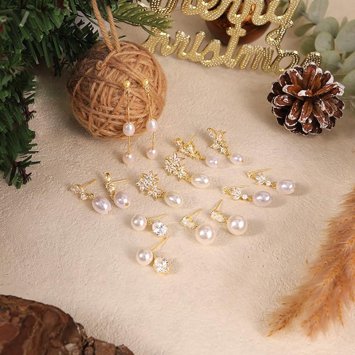 Pearl Earrings for Women - Dainty Gold Dangle Drop Earrings, 14k Gold Plated Cute Bow Design, Hypoallergenic Pearl Studs, Wedding Jewelry Gifts