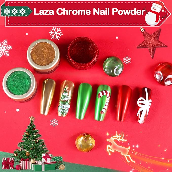 Laza 3 Colors Chrome Nail Powder Mirror Effect Metallic Dust Holographic Glitter Glazed Manicure Decoration Reflective Pigment for DIY Gel Polish Nail Art, Resin Craft, Gifts - Joyful Christmas