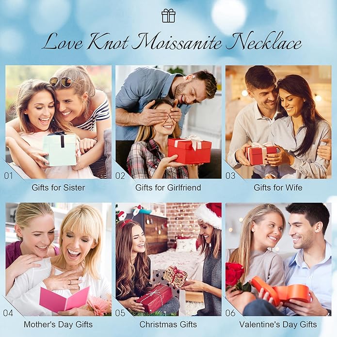 MOOSEA Valentines Day Gifts for Her, 1-3 ct Love Knot Moissanite Necklace Lab Created Moissanite 925 Sterling Silver Necklace Anniversary Jewelry Gifts Birthday Gifts for Her Wife Girlfriend Mom