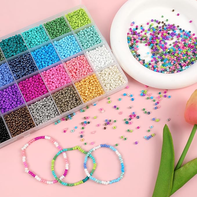 13000pcs 3mm Glass Seed Beads 24 Colors Small Craft Beads Small Beads for DIY Bracelet Necklace Ring Craft Jewelry Making, with Scissor and Two Clear Bracelet String (540pcs per Color