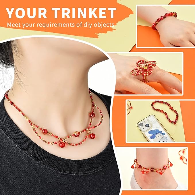 Rired 27 Glass Beads for Jewelry Making, 900pcs Red Bead Jewelry Making kit, 8mm Round Assorted Beads with Bicone and Seed Beads for Bracelet Making