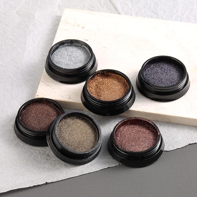 Chrome Nail Powder Mirror Effect Metallic Dust, 6 Colors Bronze Brown Black Rose Gold Holographic Glitter Chrome Powder Pigment for DIY Gel Polish Nail Art Decoration, Resin Craft