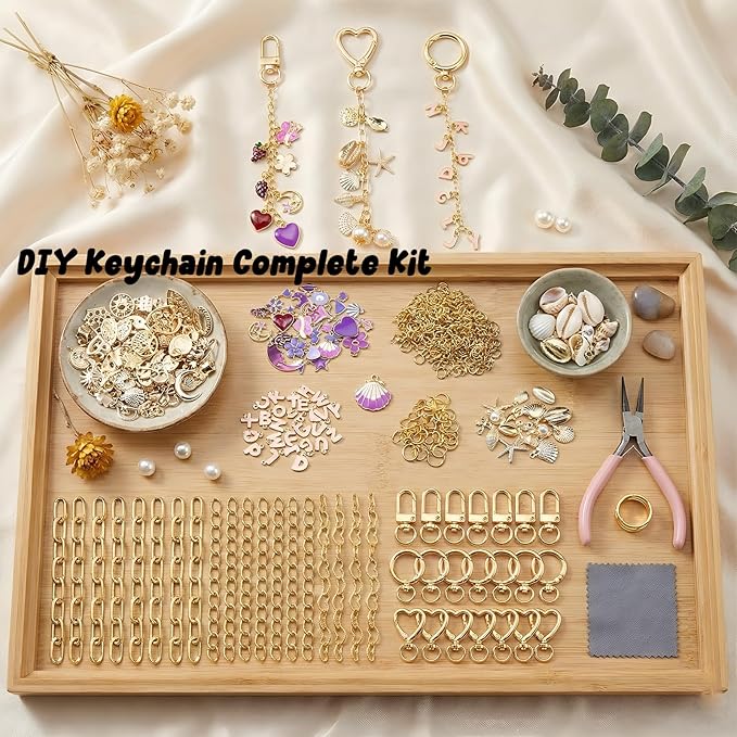 Molybdix 395Pcs Charms Keychain Making Kit—Including 24 Keychains Clips 30 Extender Chain 138 Charms, Key Ring Jewelry Plie, DIY Bag Charm & Making Keychains Jewelry Kit