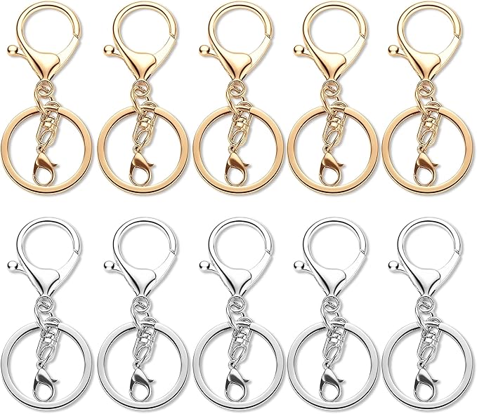 Gkeygo 10 Pack a Set Metal Lobster Claw Clasps and Key Rings, Key Chain Accessories, Keychain Making kit for Keys, Art Crafts, Jewelry Making, Silver - Light Gold