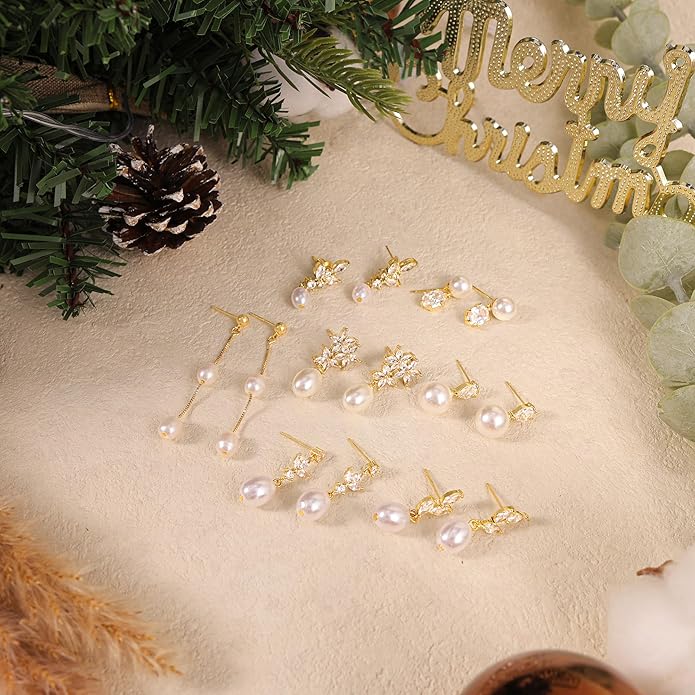 Pearl Earrings for Women - Dainty Gold Dangle Drop Earrings, 14k Gold Plated Cute Bow Design, Hypoallergenic Pearl Studs, Wedding Jewelry Gifts