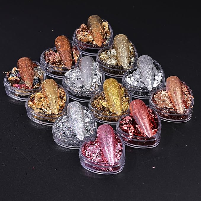 Unique Gold Flakes for Nails 12 Boxes Irregular Aluminum Golden Nail Glitter Foils Holographic Gold Foils for Nails Gradient Silver Rose-Gold Nail Art Sequins Designs DIY Charms Manicure Decorations