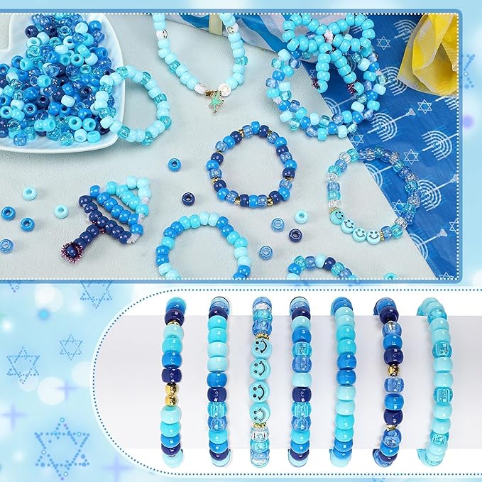 UPINS Blue Pony Beads, 1200Pcs Glitter Blue Pony Beads Bulk for Crafts Hair Hanukkah Friendship Winter Holiday Party Decoration Supplies