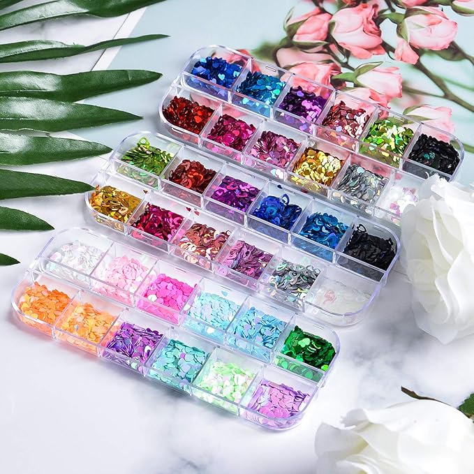 36 Colors Heart Glitter Nail Art Sequins, EBANKU Holographic Heart Shaped Nail Sequin Laser Heart Nail Flake Glitter Decals for Valentine's Day Face Eyes Nail Decoration DIY Craft (3 Boxes)