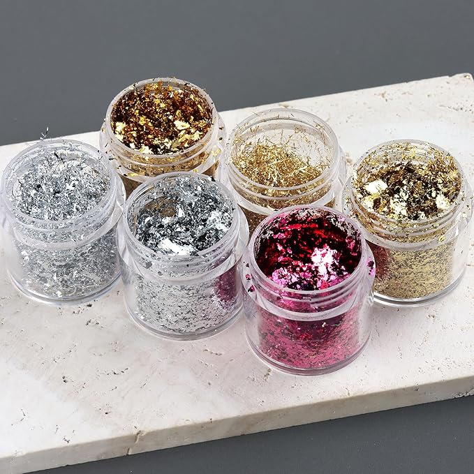 6 Bottles Holographic Nail Glitter Foils, Metallic Gold Silver Hot Pink Ultra-Thin Aluminum Foil Flakes for Nails, Resin Jewelry Making, Painting Art Nail Supplies DIY Manicure Charms Decorations