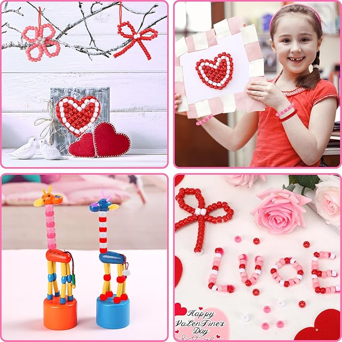 UPINS 1200Pcs Valentine's Day Pony Beads for Jewelry Making Bracelets Crafts Plastic Small Spacer Beads Pink Rose Red White Pony Beads DIY Hair Beads for Necklace Bracelets Earrings Supplies