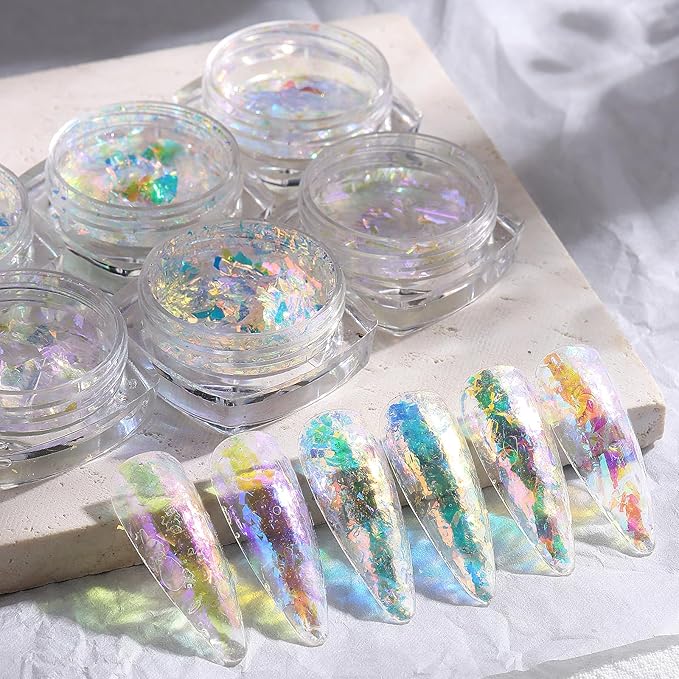 Holographic Opal Nail Art Glitter Flakes, 6 Colors Aurora Iridescent Pigment Powder Irregular Ice Crystal Mermaid Paillettes Sparkly Chunky Glitter Sequins for DIY Manicure Nail Decorations