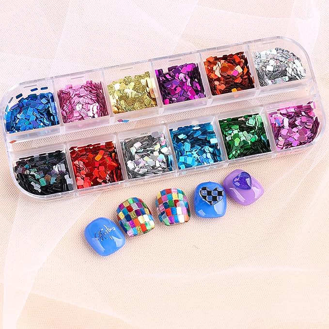 Laser Square Glitter Nail Art Sequins, Holographic 3D 12 Colors Glitter Flakes Design, Rectangle Shape Nail Shiny Supplies for Women Girls Manicure Powder Charms Decorations, DIY Resin Nail Art Tips