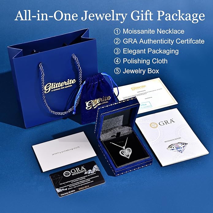 1-3 Carat Moissanite Necklace for Women, 925 Sterling Silver Heart Pendant Necklace Moissanite Diamond Necklace, Birthday Gift Anniversary Present for Wife, Girlfriend, Daughter, Mom