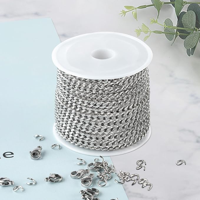 Kyutong Twist Curb Link Chain Bulk Silver Jewelry Making Chain Supplies 16.4 Feet Stainless Steel Chain Roll Making Craft DIY Bracelet Ankle with Lobster Clasps and Jump Rings