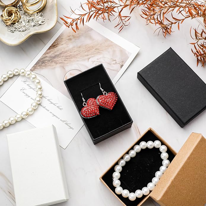 Tenceur 100 Pcs Valentines Jewelry Gift Boxes Bulk Kraft Jewelry Cardboard Box for Necklace Earring Bracelet Storage Package(Brown, White, Black,3.2x2x1.2in)