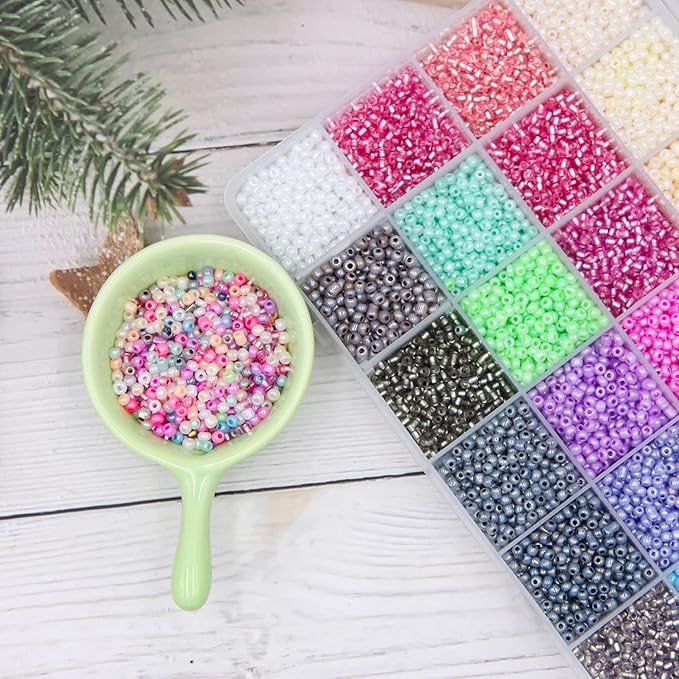 EuTengHao 18000Pcs Pony Seed Beads 2mm Glass Beads Waist Beads with Tweezers Strings for DIY Bracelet Necklaces Earring Jewelry Making Crafts (750 Per Color, 24 Colors)