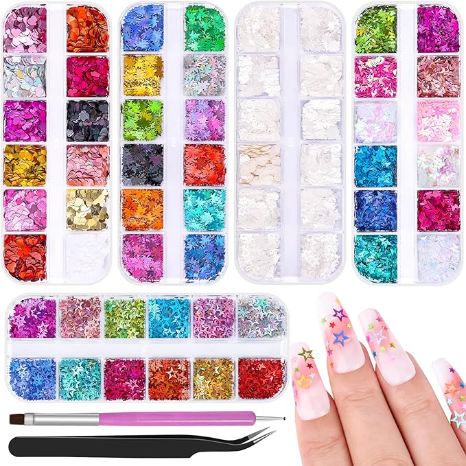 5 Boxes 60 Colors Holographic Nail Art Sequins Kit, Iridescent Sparkle Laser Hollow 3D Star Butterfly Heart Round Mixed-shapes Nail Glitter Flakes for Manicure Body Makeup Craft DIY (1-colorful-kit1)