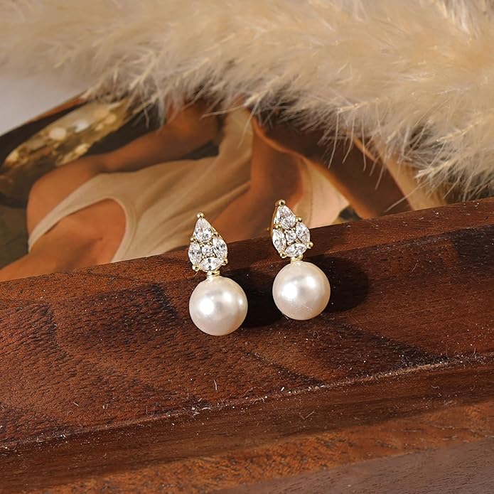 Pearl Earrings for Women - Dainty Gold Dangle Drop Earrings, 14k Gold Plated Cute Bow Design, Hypoallergenic Pearl Studs, Wedding Jewelry Gifts