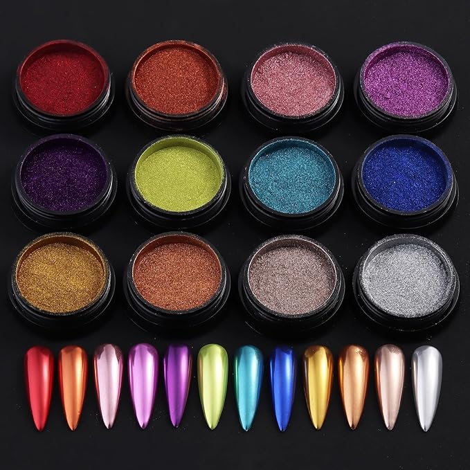 Fcozpjk Chrome Nail Powder Set 12 Colors Gold Silver Bronze Chrome Powder for Nails Metallic Nail Glitter Red Green Blue Mirror Rub Pigment with 2PCS Extra Fine White Sugar Powder Nail Design