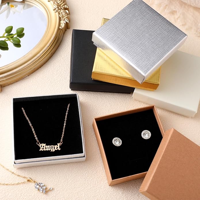 Tenceur 100 Pcs Valentines Jewelry Gift Boxes Bulk Kraft Jewelry Cardboard Box for Necklace Earring Bracelet Storage Package
