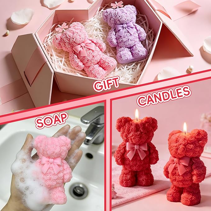ZQYSING Standing Rose Bear Silicone Molds, 3D Cute Rose Bear Molds for Soap Candles Wax Epoxy Resin Casting Home Decor Valentine/Mother' Day/Wedding/Anniversary/Birthday Gifts
