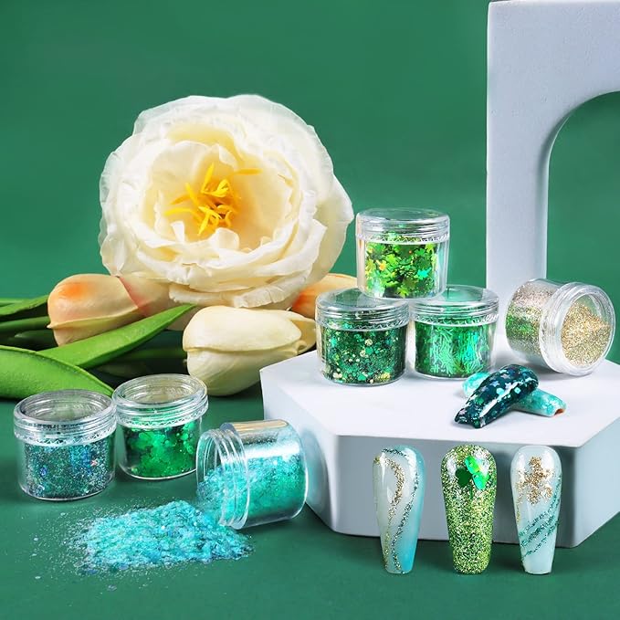 Laza St. Patrick's Day Nail Art Glitters 12 Colors Holographic Green Gold Fine Powder Chunky Clover Hexagon Sequins Confetti Nail Flakes for Nail Supplies Festival Craft Decoration - Verdant