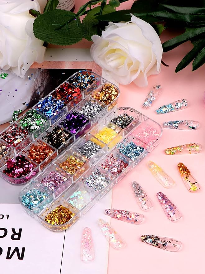 EBANKU 24 Grid Holographic Nail Art Flakes, Foil Glitter Sequins Confetti Gold Silver Irregular Mirror Effect Acrylic Powders Paillette for Nail Decoration